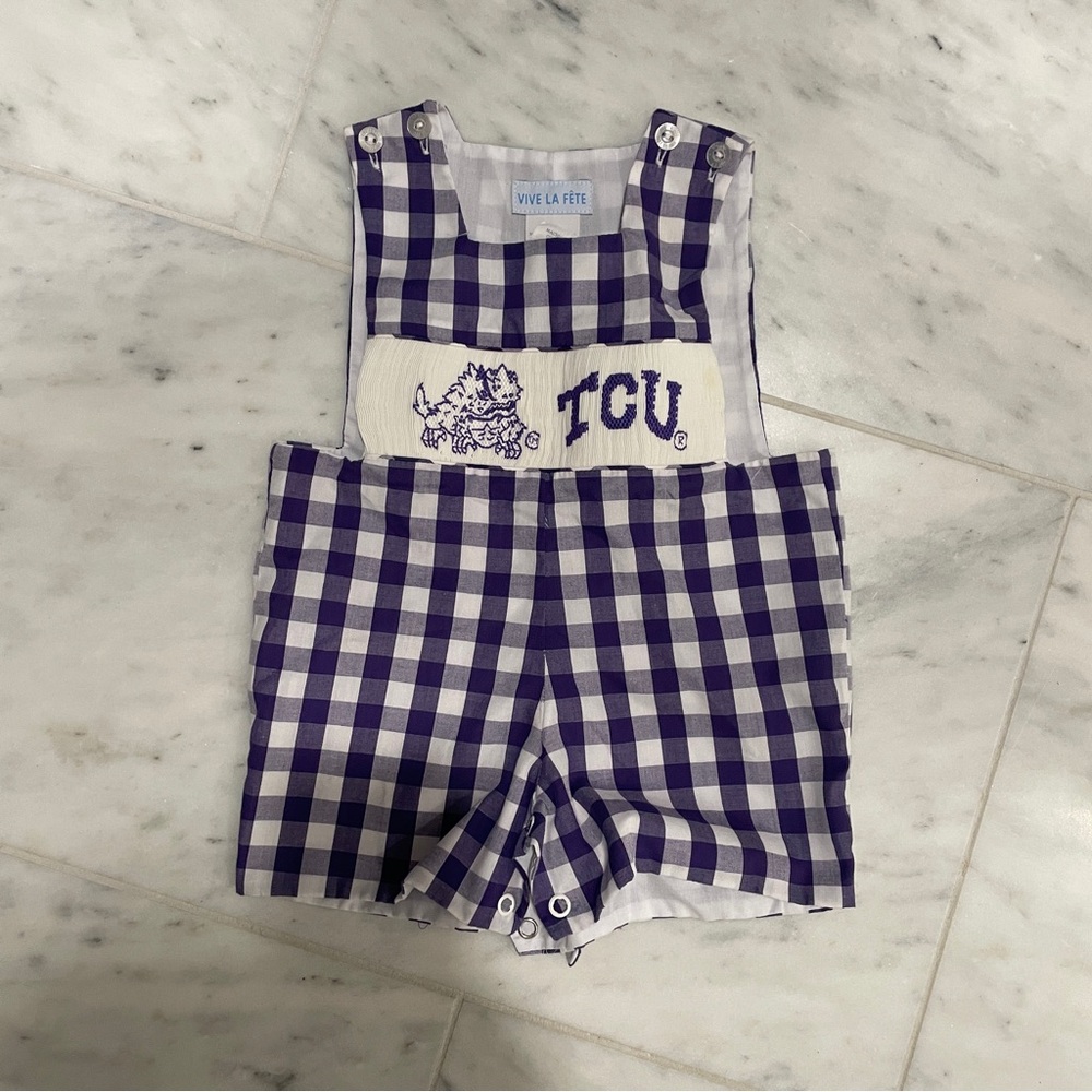 TCU Vive La Fête Baby Smocked Gingham Overalls Jon Jon Size 3M